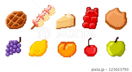 Pixel sweets and fruit icons set isolated on white 123023793