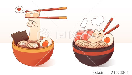 Cute cartoon cats as ramen ingredients 123023806
