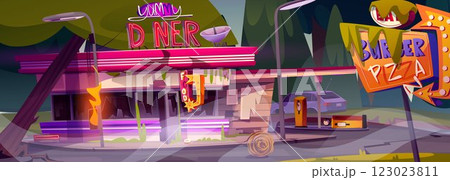 Abandoned destroyed cartoon diner cafe 123023811