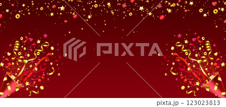 Party popper explosion with red, golden confetti 123023813