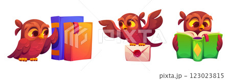 Cute owl mascot set with books and envelope 123023815