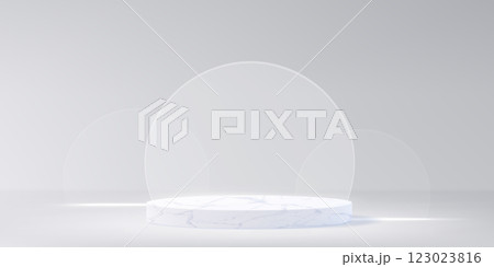 Round marble podium with glass morphism decor 123023816