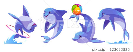 Cute dolphin character set in playful poses 123023826