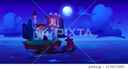 Castle on sea island at night 123023862