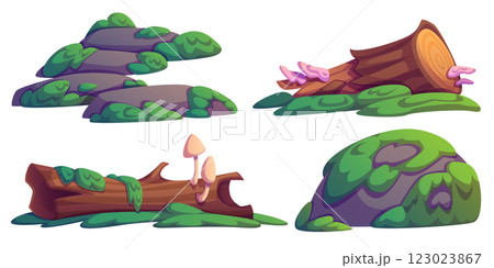 Swamp environment set with mossy logs and stones 123023867