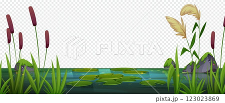 Cartoon wetland border with lily pads 123023869