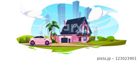 Modern pink house with garage and parked car 123023901
