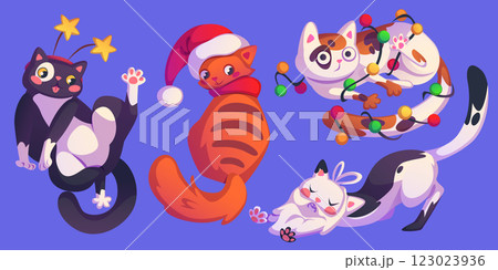 Christmas cats set with playful holiday characters 123023936