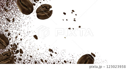 Coffee beans with powder border on white backdrop 123023938