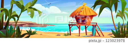 Surfer hut on sandy beach Surfer hut on sandy beach 123023978