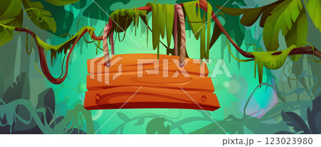 Wooden signboard hanging on ropes in jungle 123023980