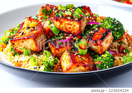 Cauliflower rice stir fry with tofu, a low-calorie Asian inspired dish with vibrant 123024124