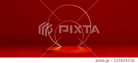 Luxury display with red platform and golden circle 123024316
