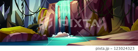 Flowing waterfall over cave entrance 123024323