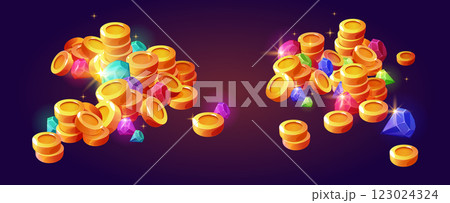 Gold coin and gem treasure pile cartoon vector 123024324