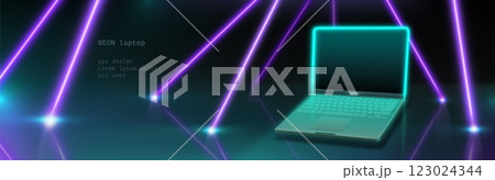 Neon laptop and laser beams on black background 123024344