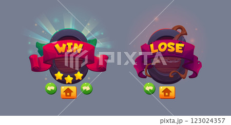 Game victory and defeat badges with navigation Game victory and defeat badges with navigation 123024357