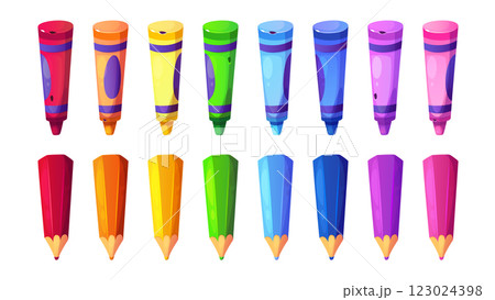 Colorful stationery set with crayons and pencils Colorful stationery set with crayons and pencils 123024398