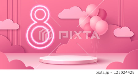 Pink 8 March scene with podium 123024429