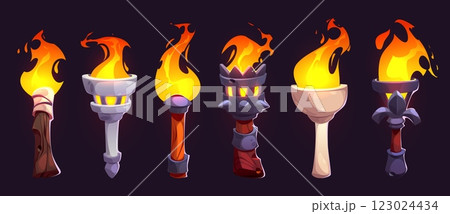 Medieval game torches with bright flames Medieval game torches with bright flames 123024434