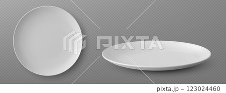 Empty white porcelain dinner plates 123024460