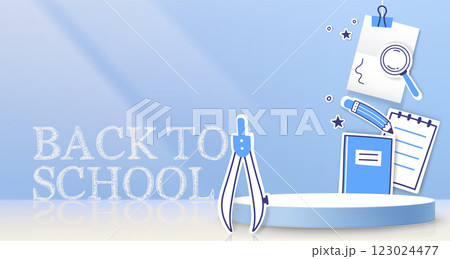 Blue Back to school scene with cylinder podium 123024477