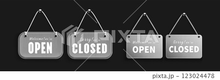 Metallic board signs with open closed status 123024478