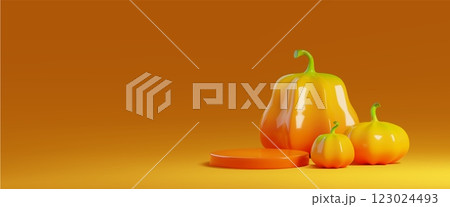 Round podium and pumpkins on orange background Round podium and pumpkins on orange background 123024493