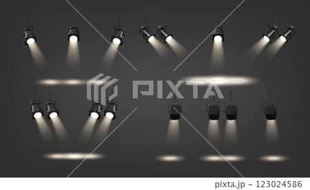 Professional stage spotlights with various beam 123024586