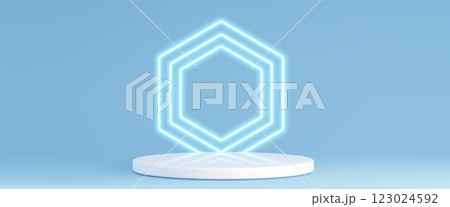 White circular stage with neon blue hexagon 123024592