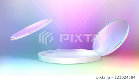 Minimalist hologram podium with flying disks Minimalist hologram podium with flying disks 123024594