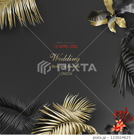 Tropical black and gold leaves on dark background 123024625