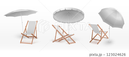 White beach umbrellas with wooden lounge chairs 123024626
