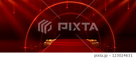 Golden podium with red carpet and glowing arches. 123024631