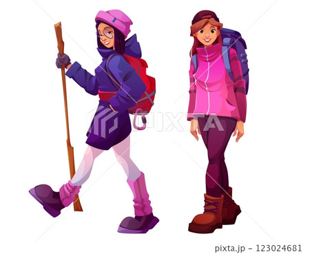 Female hikers in warm clothes and outdoor gear 123024681