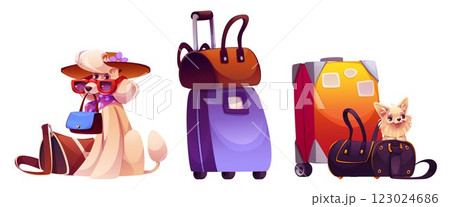 Dog travel with bag. Journey with puppy cartoon 123024686