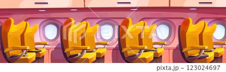 Interior side view of aircraft cabin with seats 123024697