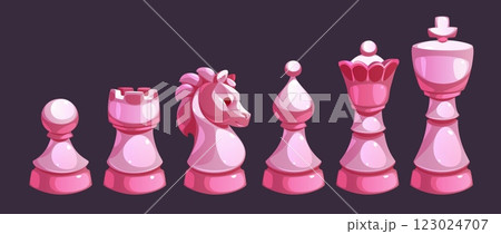 Pink chess pieces set in cartoon style. Pink chess pieces set in cartoon style. 123024707