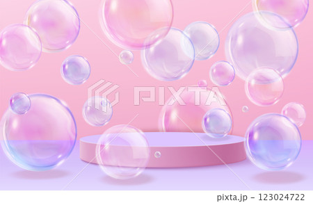 Transparent floating bubbles and pink podium Transparent floating bubbles and pink podium 123024722