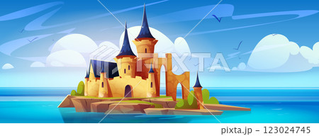 Medieval castle on rocky island in blue sea Medieval castle on rocky island in blue sea 123024745