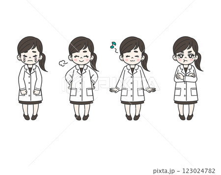 白衣の女性のコミカルな表情ポーズセット 123024782