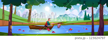 Fisherman in wood boat on lake catch fish with net 123024797