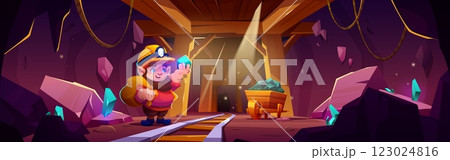 Mine cave with crystal treasure game background Mine cave with crystal treasure game background 123024816