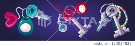 House keychain vector. Home door key with ring 123024825