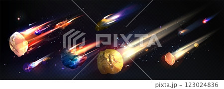 Flaming asteroid and colorful comets. 123024836