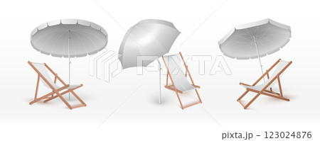 White summer sun umbrella and beach chair mockup 123024876