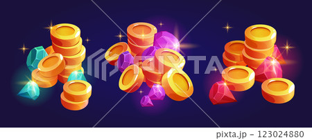 Glowing treasure - stacked gold coins and gems 123024880
