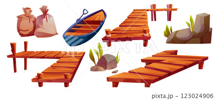 Set of wooden fishing pier cartoon elements 123024906