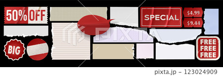 Torn paper pieces and red promotional stickers 123024909
