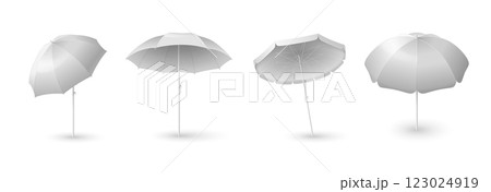 White umbrella mockup. Outdoor beach sun parasol 123024919
